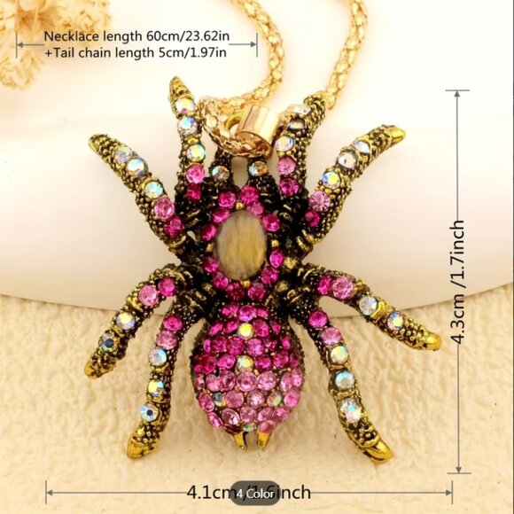 Vintage inspired Pink Crystal Spider Fashion Pendant Necklace - Picture 3 of 5